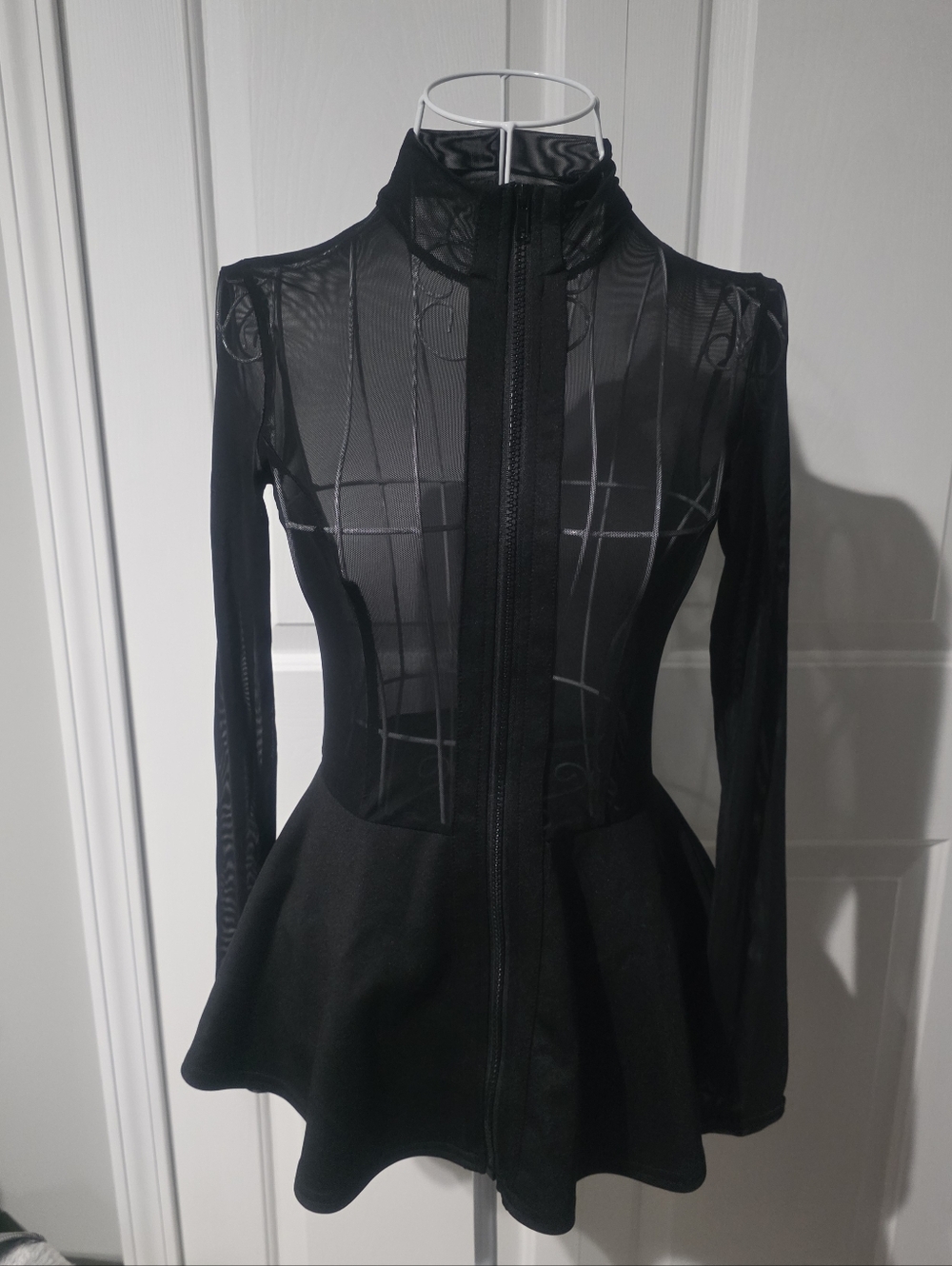 Mind Code L. Black Sheer Mesh Peplum Zip-Up Top